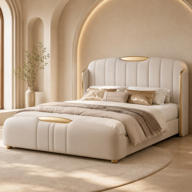 Cream Luxury Upholstered Bed – Vertical Channel, Gold Accents