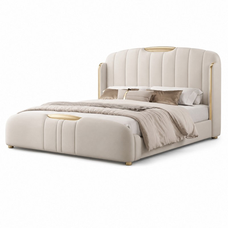 Cream Luxury Upholstered Bed – Vertical Channel, Gold Accents
