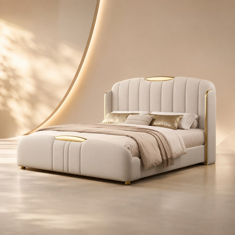 Cream Luxury Upholstered Bed – Vertical Channel, Gold Accents