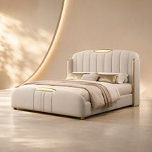 Cream Luxury Upholstered Bed – Vertical Channel, Gold Accents