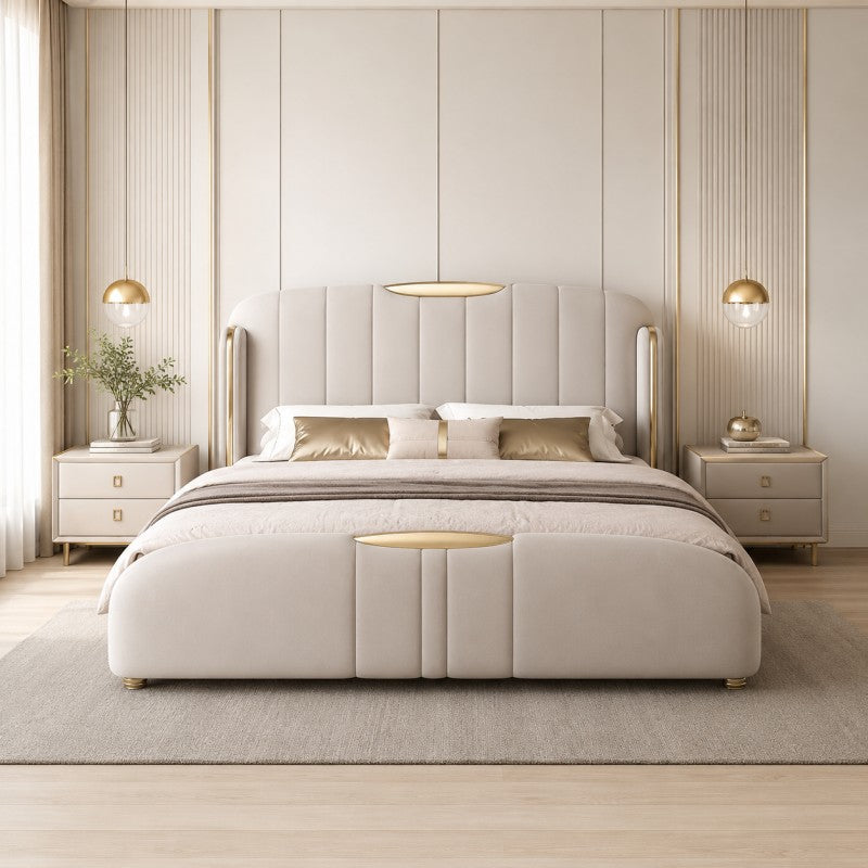 Cream Luxury Upholstered Bed – Vertical Channel, Gold Accents