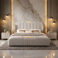 Cream Luxury Upholstered Bed – Vertical Channel, Gold Accents