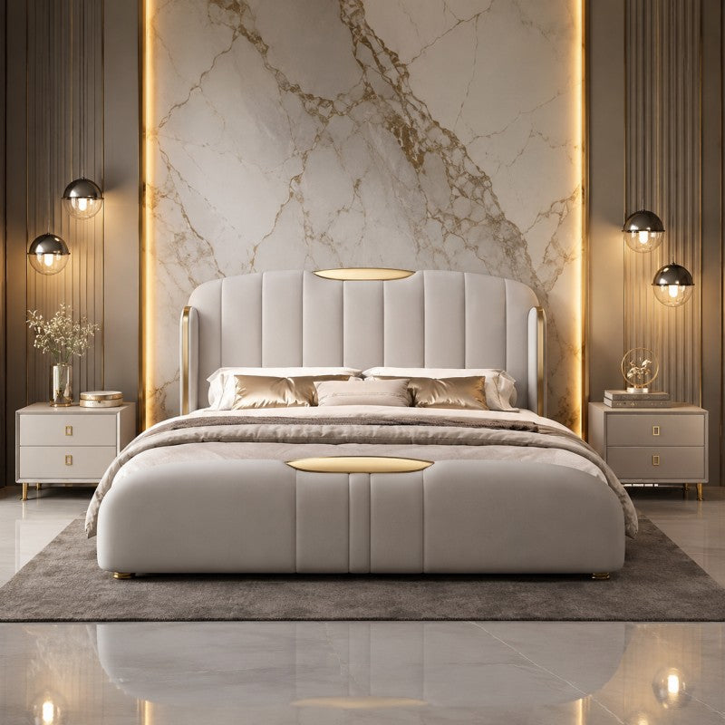 Cream Luxury Upholstered Bed – Vertical Channel, Gold Accents