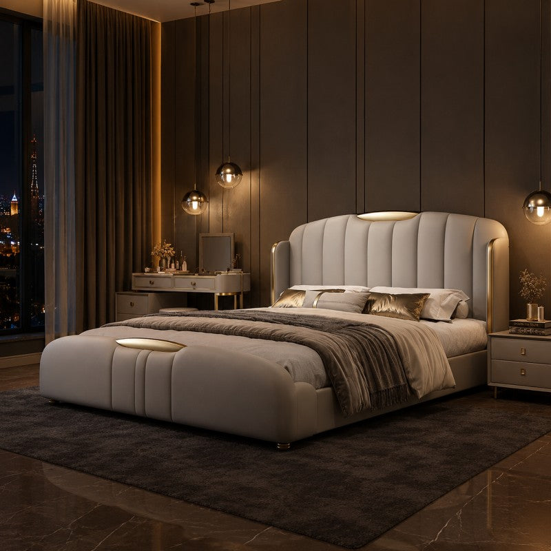 Cream Luxury Upholstered Bed – Vertical Channel, Gold Accents