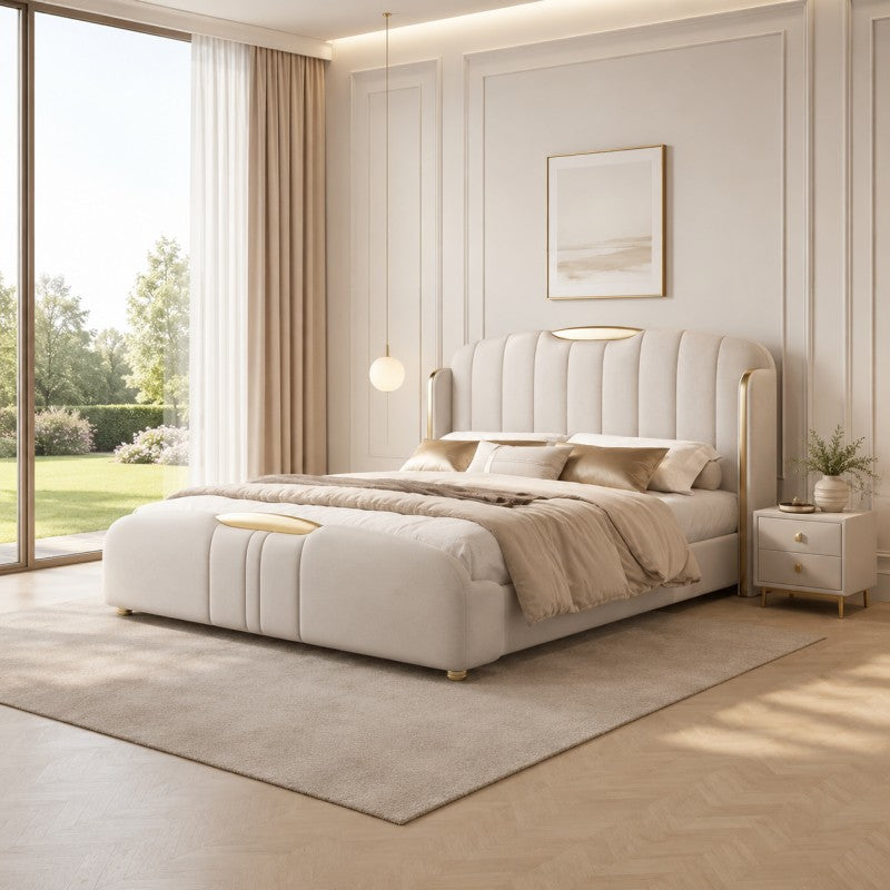 Cream Luxury Upholstered Bed – Vertical Channel, Gold Accents
