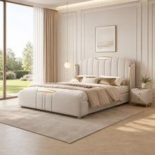 Cream Luxury Upholstered Bed – Vertical Channel, Gold Accents