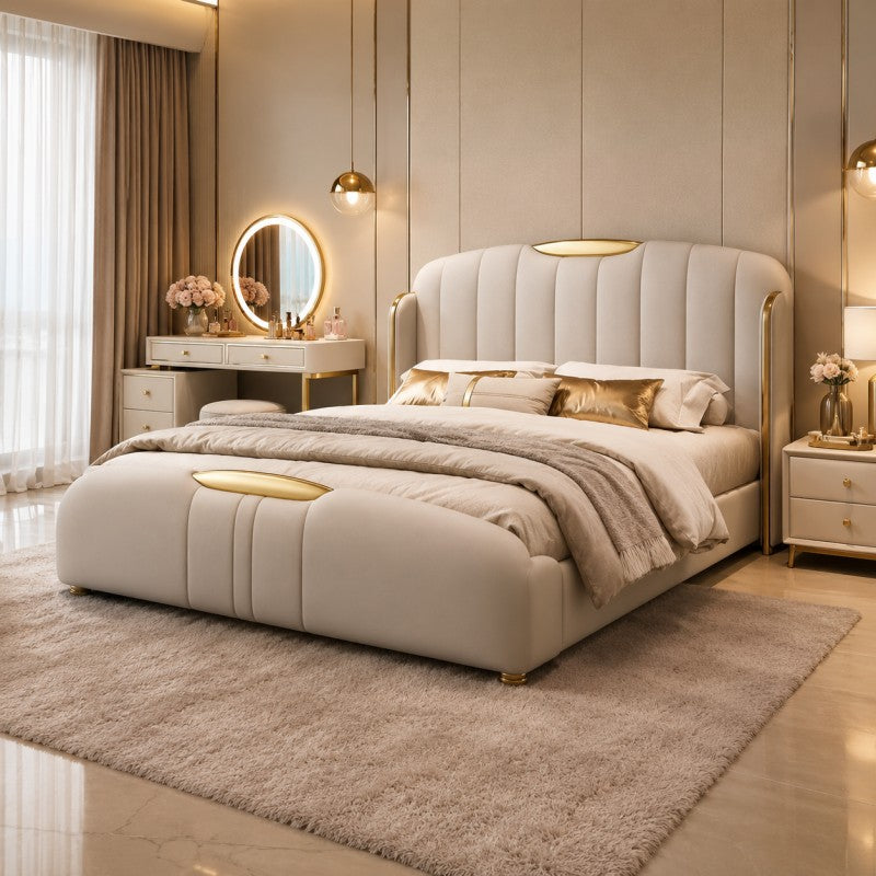 Cream Luxury Upholstered Bed – Vertical Channel, Gold Accents
