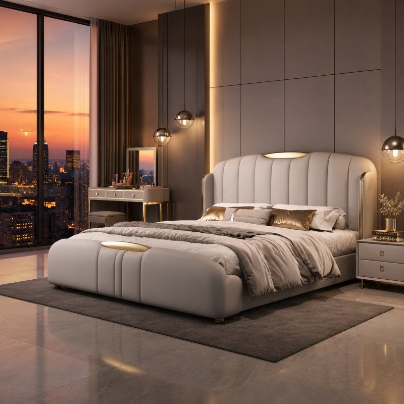 Cream Luxury Upholstered Bed – Vertical Channel, Gold Accents