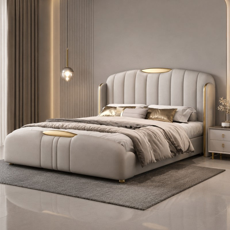 Cream Luxury Upholstered Bed – Vertical Channel, Gold Accents