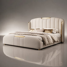 Cream Luxury Upholstered Bed – Vertical Channel, Gold Accents