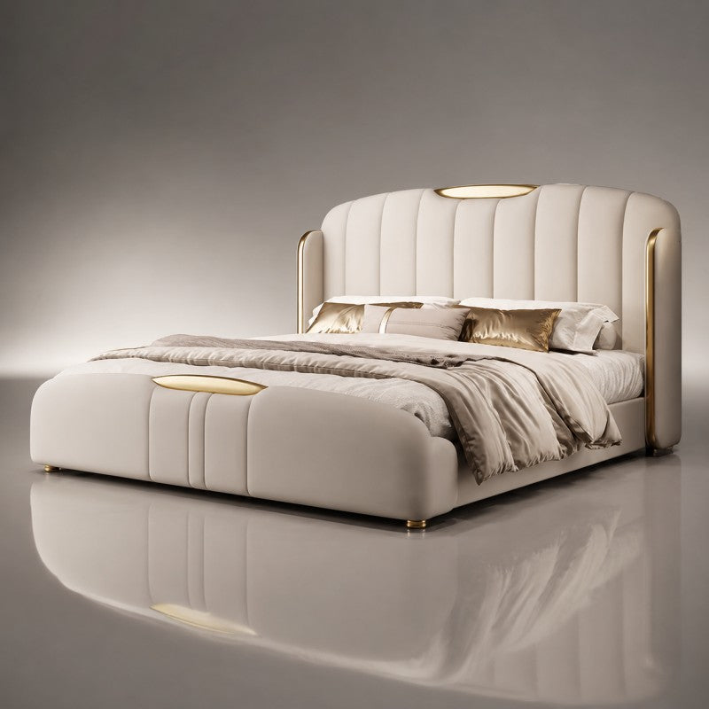 Cream Luxury Upholstered Bed – Vertical Channel, Gold Accents