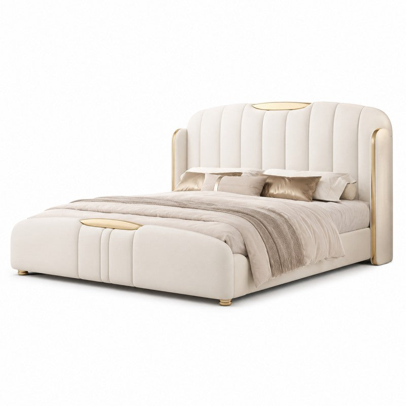 Cream Luxury Upholstered Bed – Vertical Channel, Gold Accents