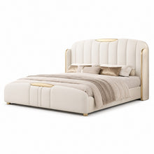 Cream Luxury Upholstered Bed – Vertical Channel, Gold Accents