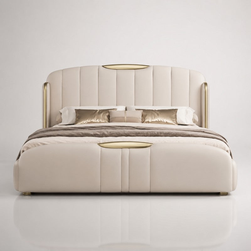 Cream Luxury Upholstered Bed – Vertical Channel, Gold Accents