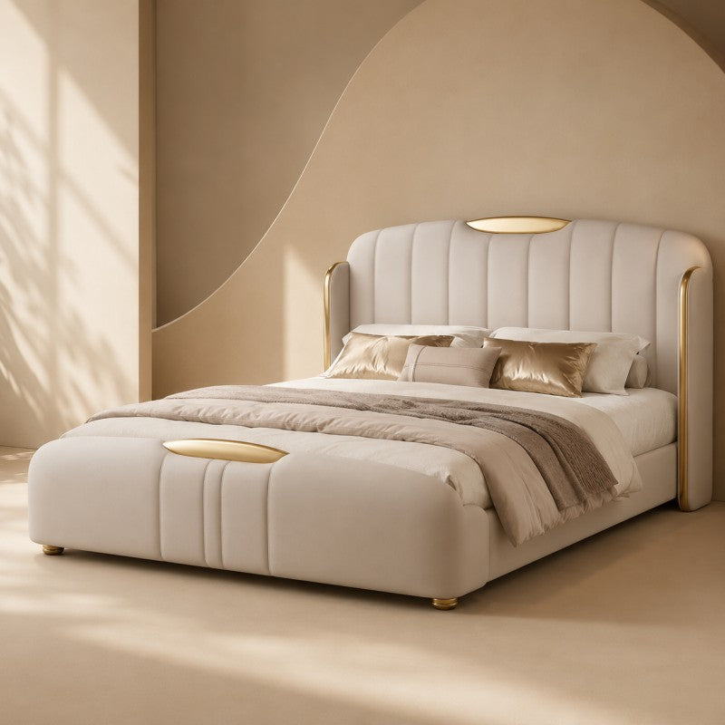 Cream Luxury Upholstered Bed – Vertical Channel, Gold Accents