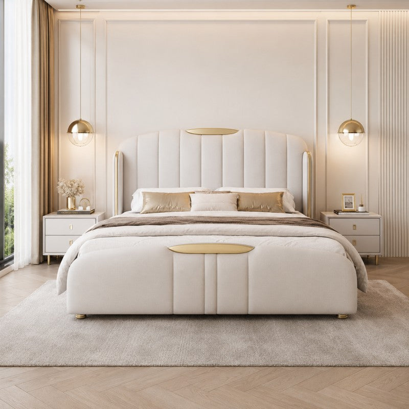 Cream Luxury Upholstered Bed – Vertical Channel, Gold Accents