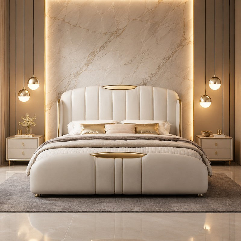 Cream Luxury Upholstered Bed – Vertical Channel, Gold Accents