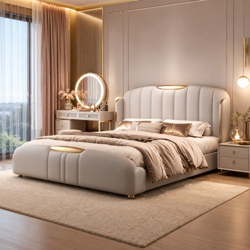 Cream Luxury Upholstered Bed – Vertical Channel, Gold Accents