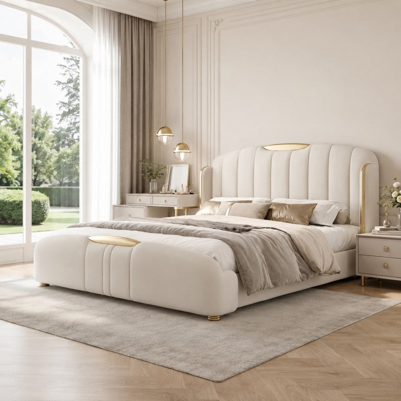 Cream Luxury Upholstered Bed – Vertical Channel, Gold Accents