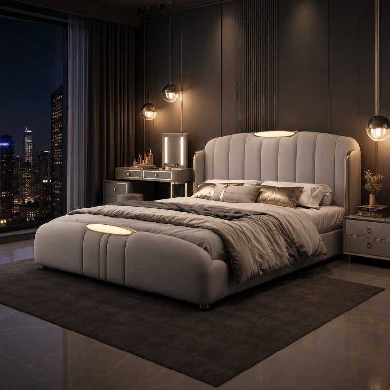 Cream Luxury Upholstered Bed – Vertical Channel, Gold Accents