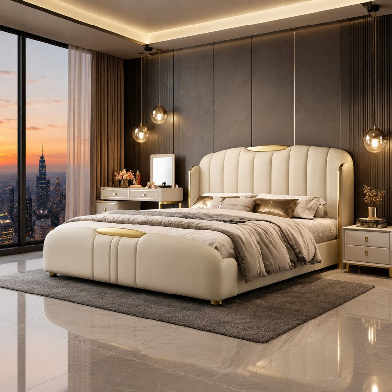 Cream Luxury Upholstered Bed – Vertical Channel, Gold Accents