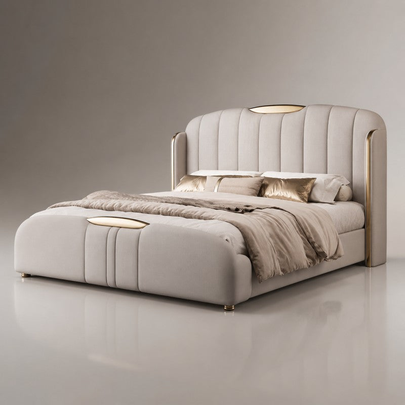 Cream Luxury Upholstered Bed – Vertical Channel, Gold Accents