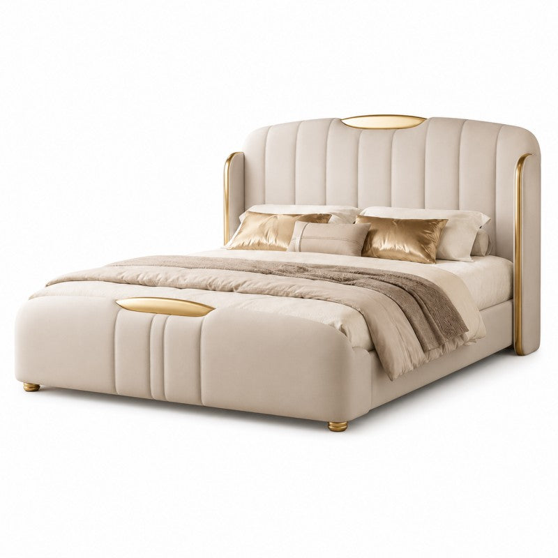 Cream Luxury Upholstered Bed – Vertical Channel, Gold Accents