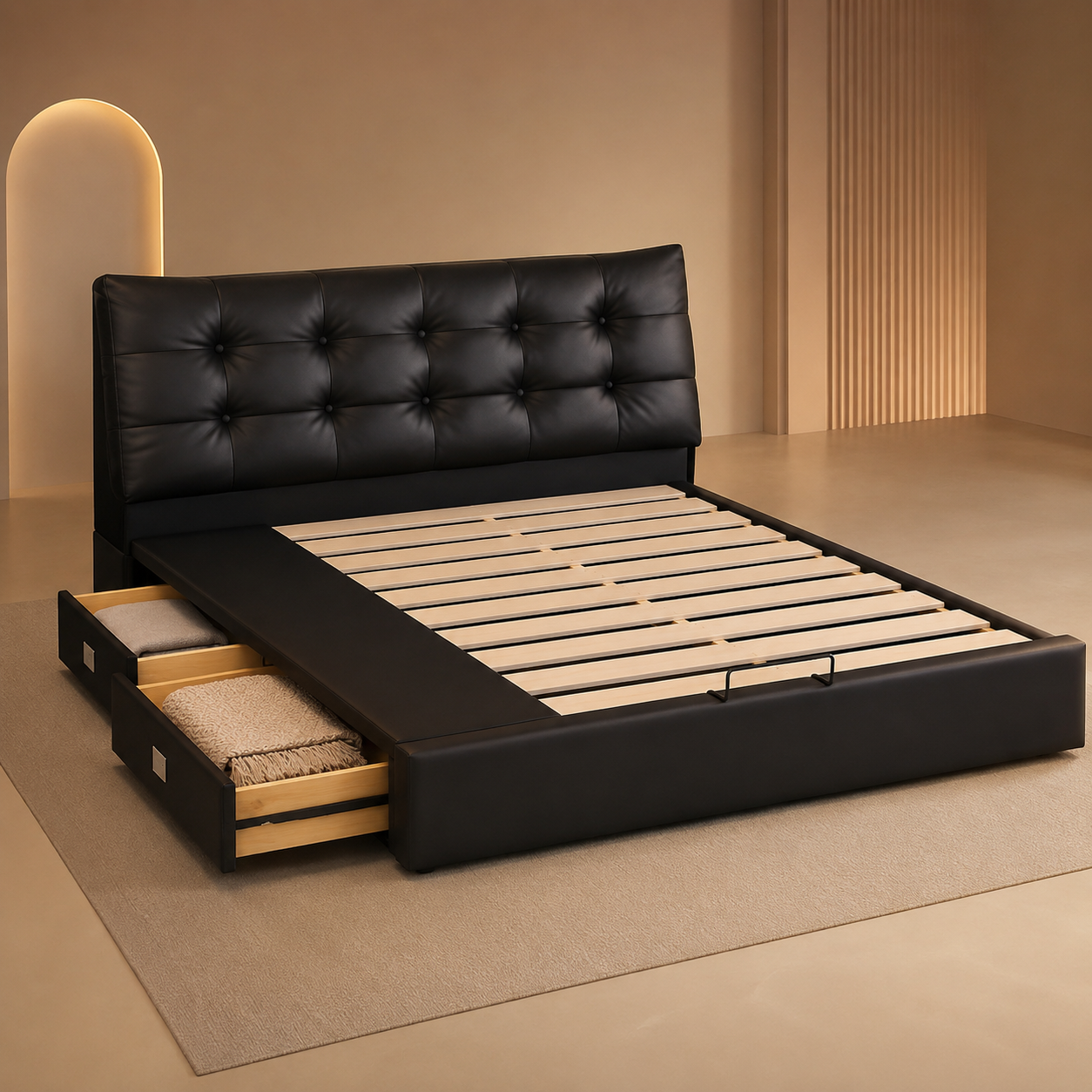 Black Tufted Upholstered Storage Bed