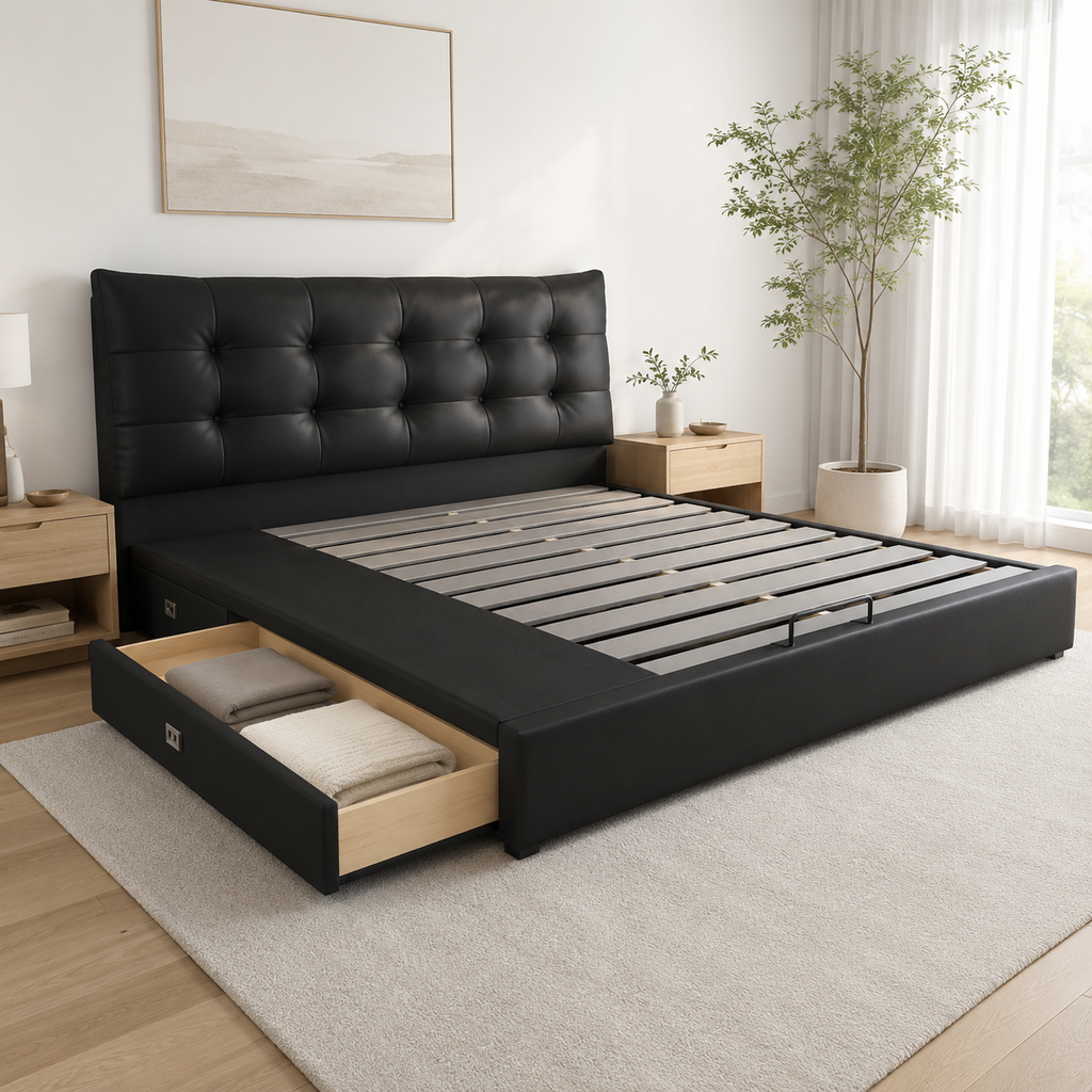 Black Tufted Upholstered Storage Bed