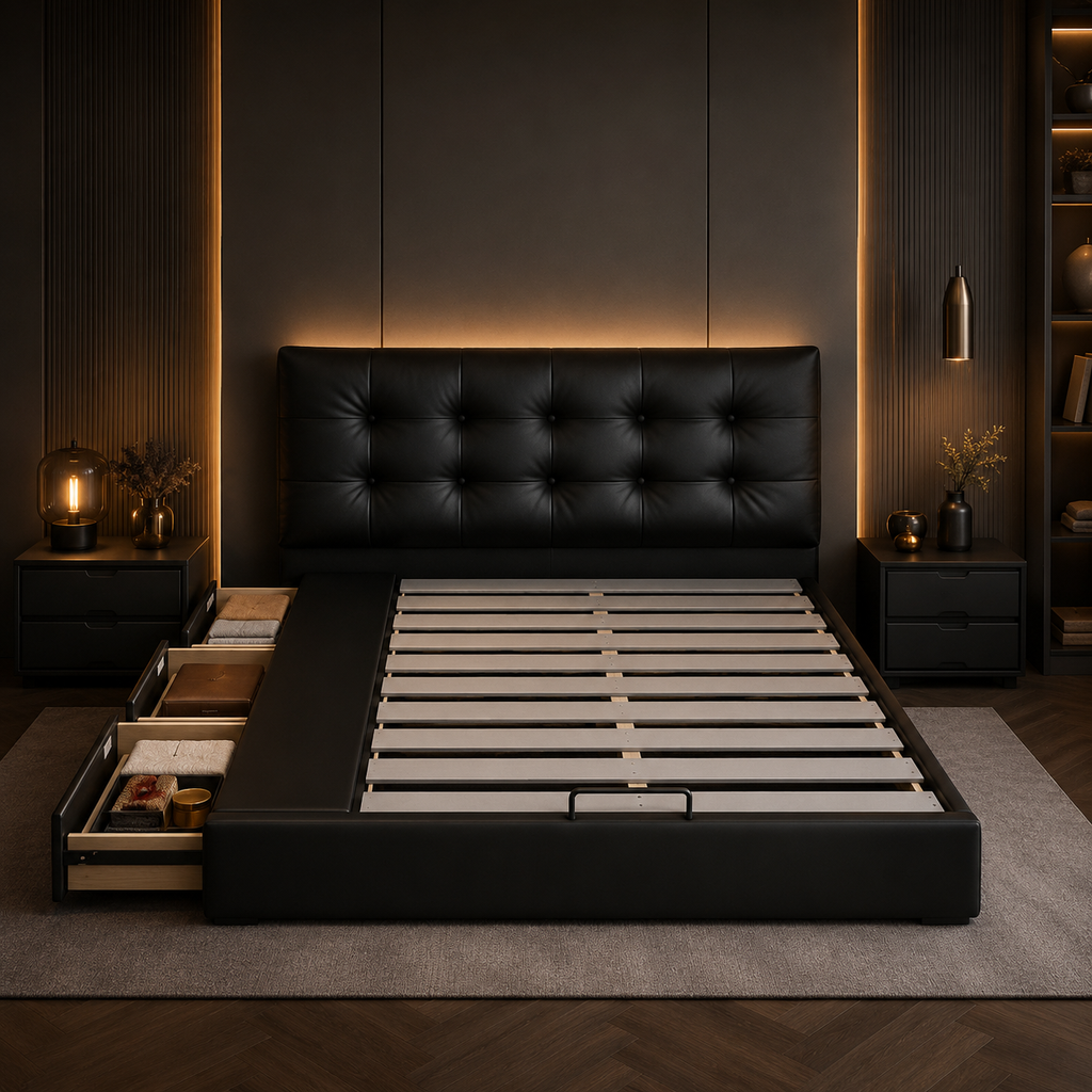Black Tufted Upholstered Storage Bed
