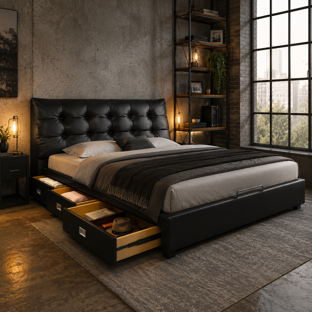 Black Tufted Upholstered Storage Bed