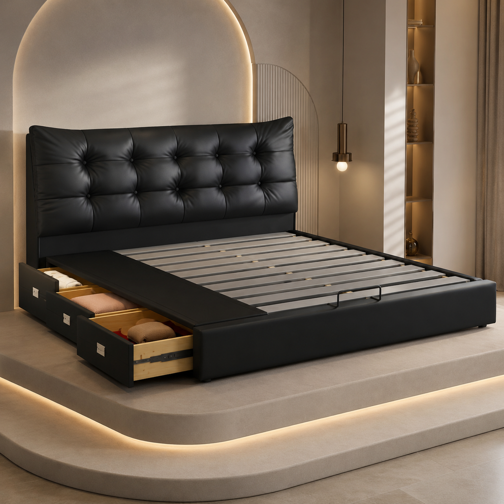 Black Tufted Upholstered Storage Bed