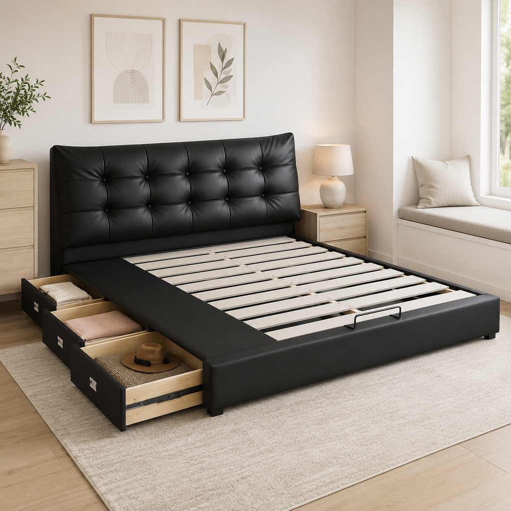 Black Tufted Upholstered Storage Bed