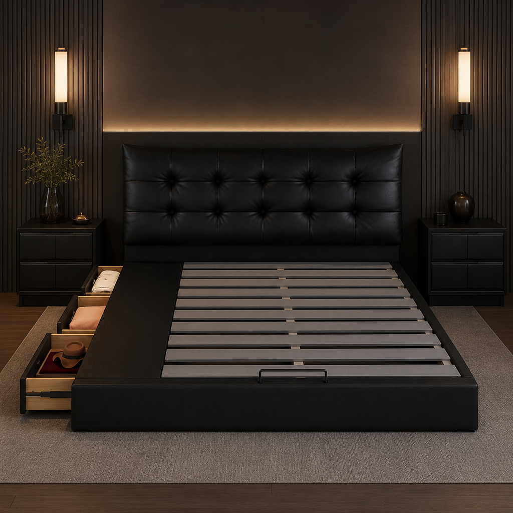 Black Tufted Upholstered Storage Bed