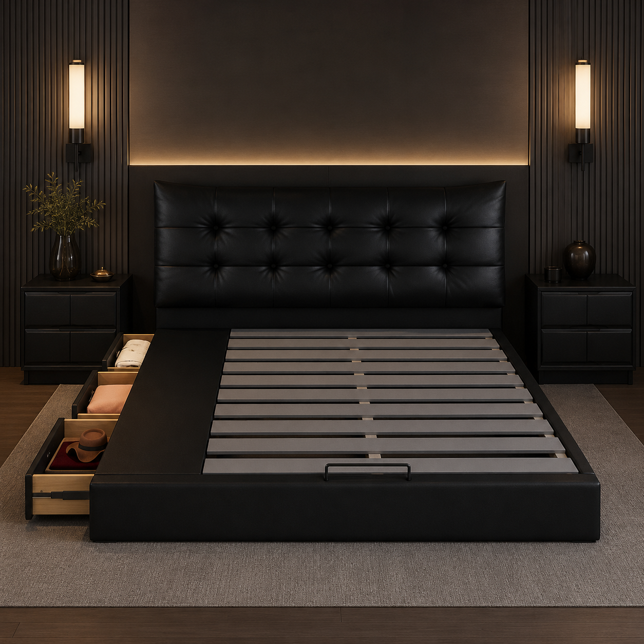 Black Tufted Upholstered Storage Bed