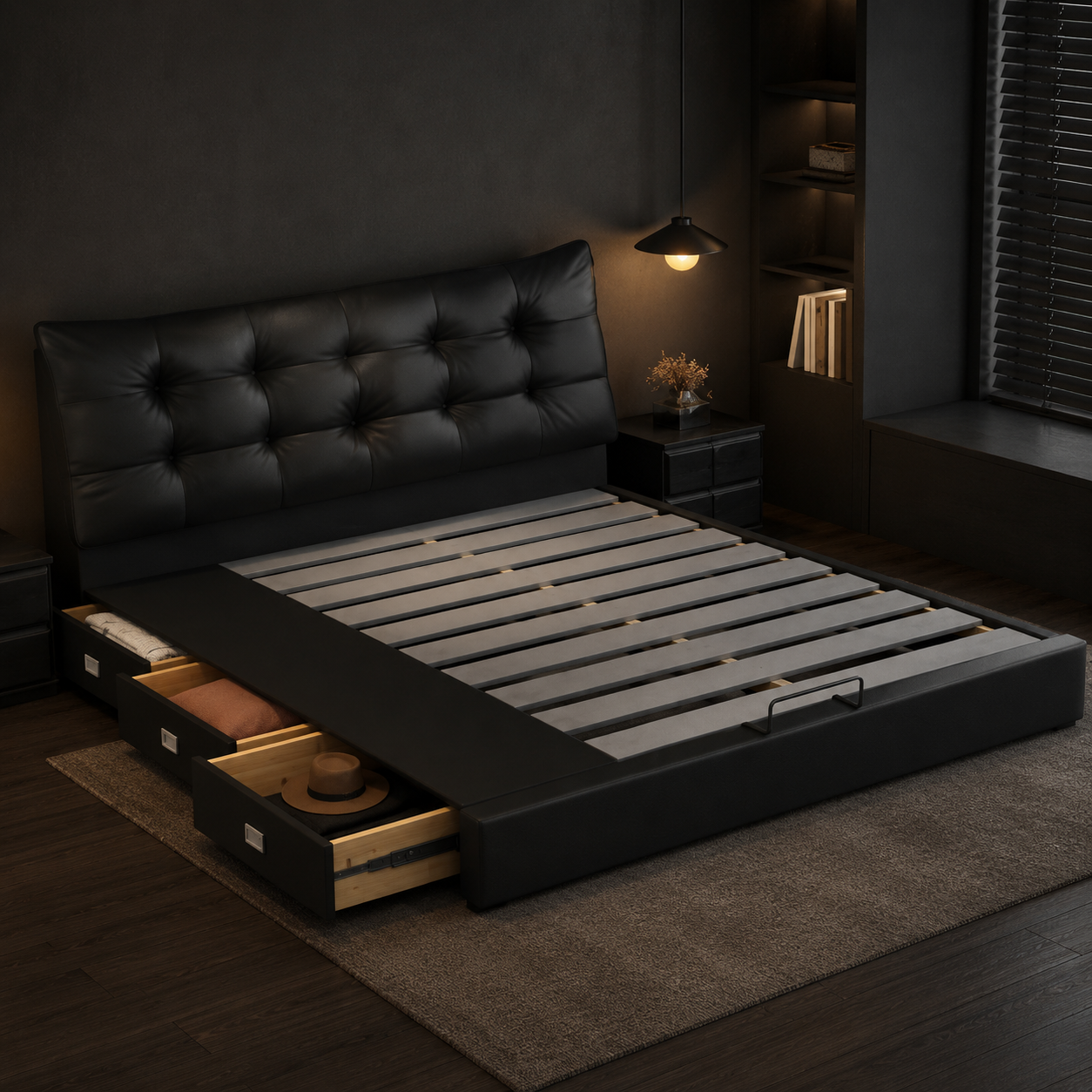 Black Tufted Upholstered Storage Bed