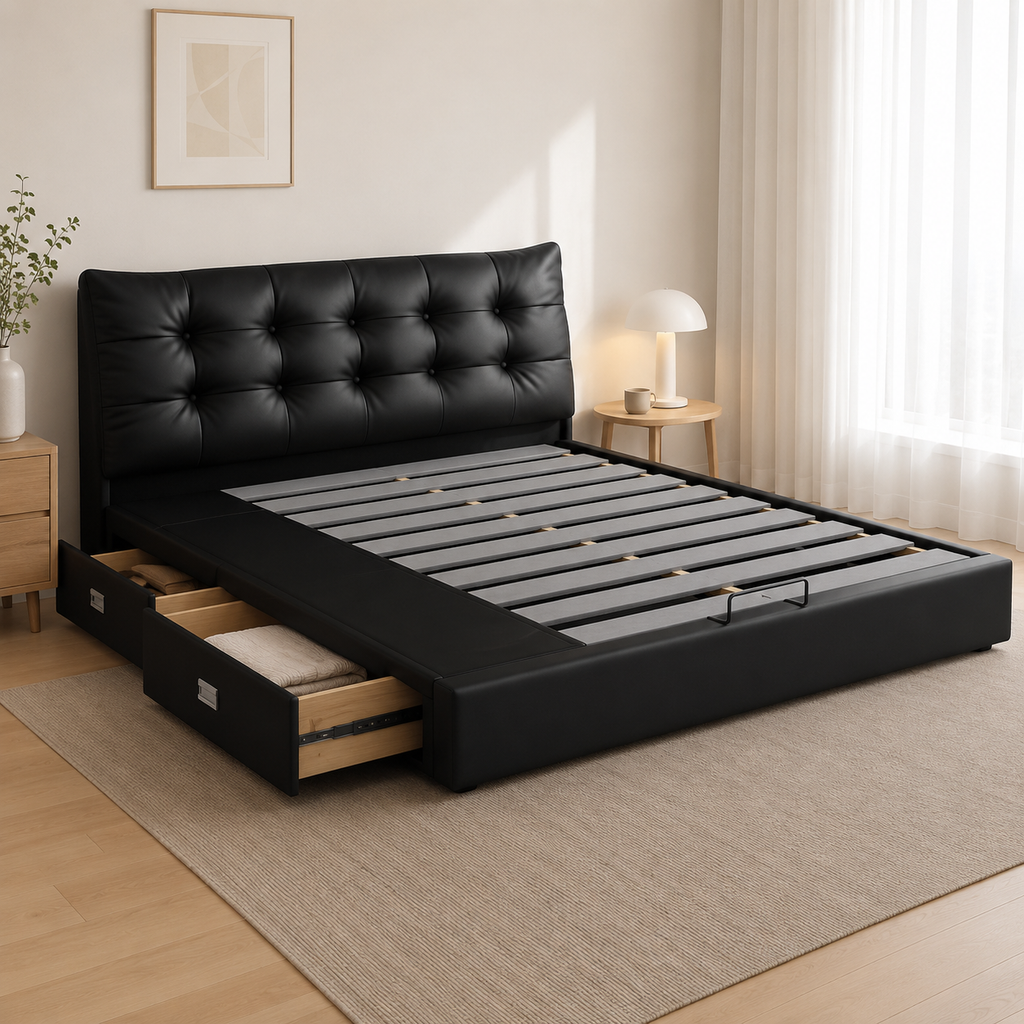 Black Tufted Upholstered Storage Bed