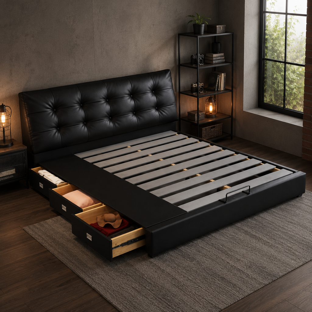 Black Tufted Upholstered Storage Bed
