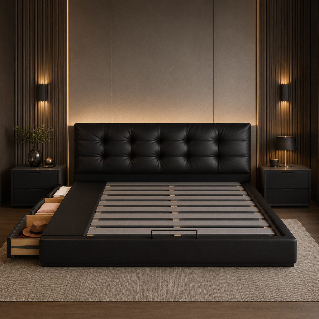 Black Tufted Upholstered Storage Bed