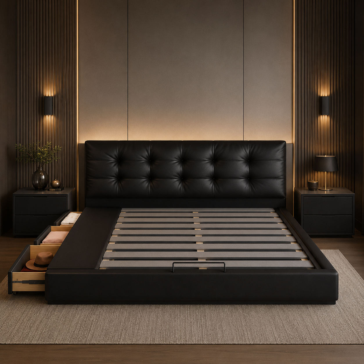 Black Tufted Upholstered Storage Bed