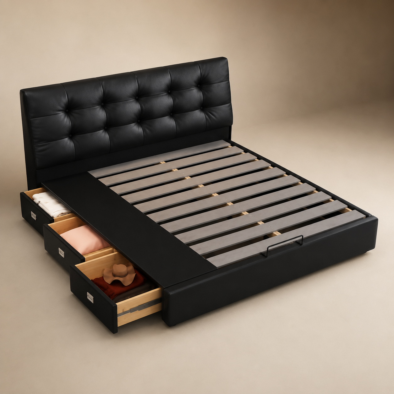 Black Tufted Upholstered Storage Bed
