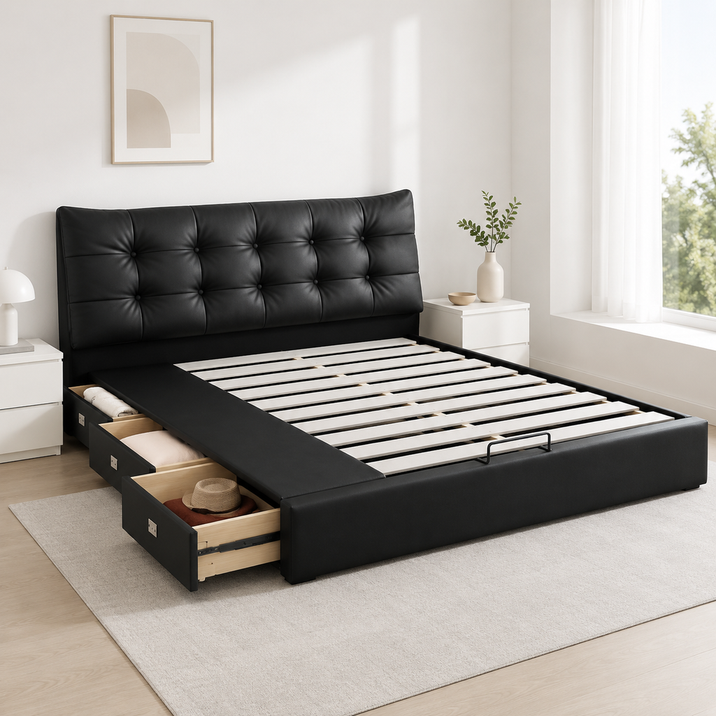 Black Tufted Upholstered Storage Bed