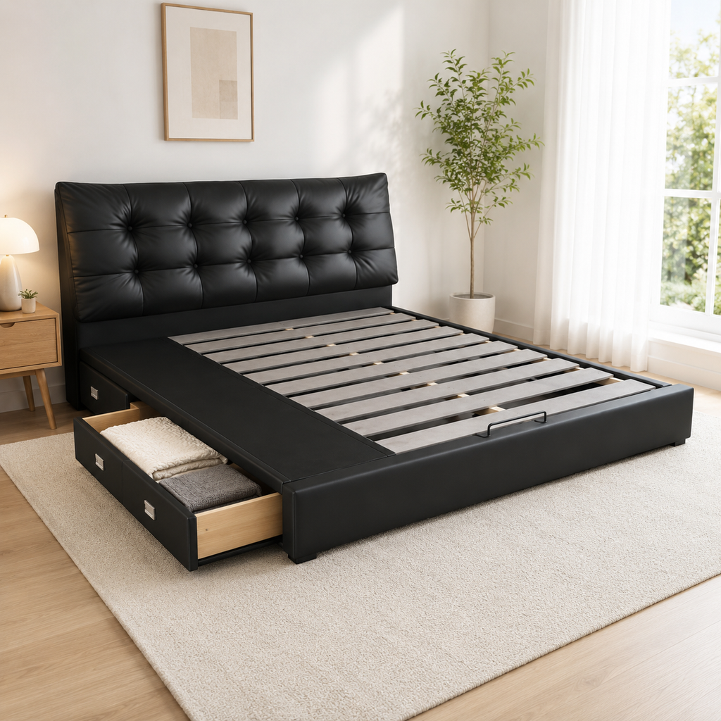 Black Tufted Upholstered Storage Bed