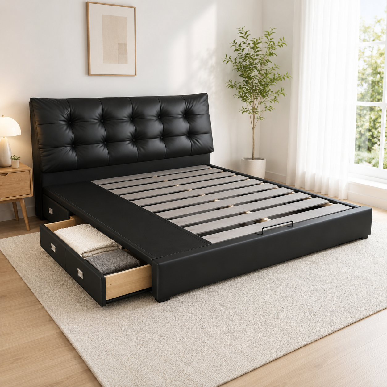 Black Tufted Upholstered Storage Bed