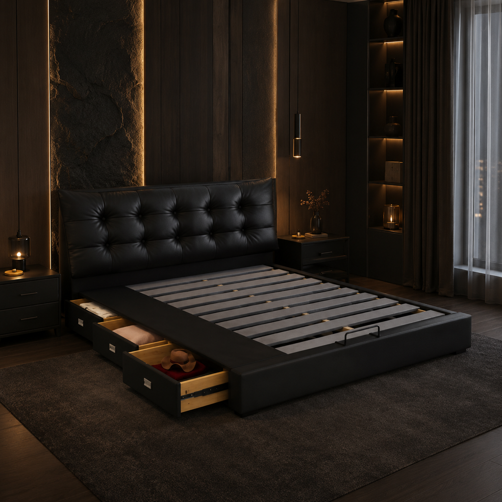 Black Tufted Upholstered Storage Bed