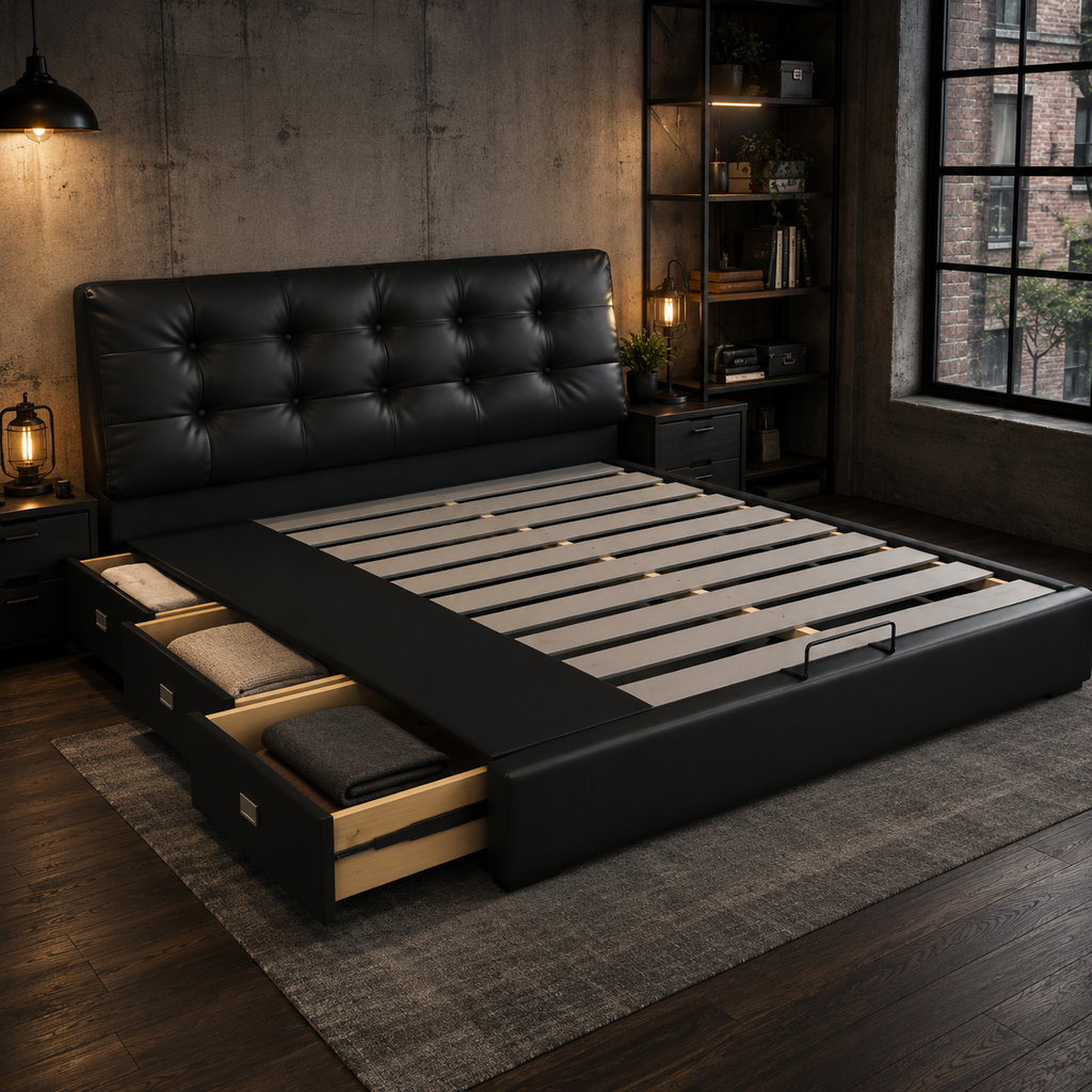 Black Tufted Upholstered Storage Bed