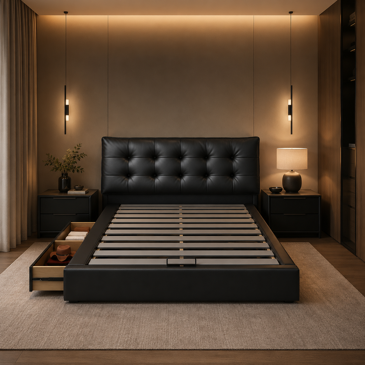 Black Tufted Upholstered Storage Bed