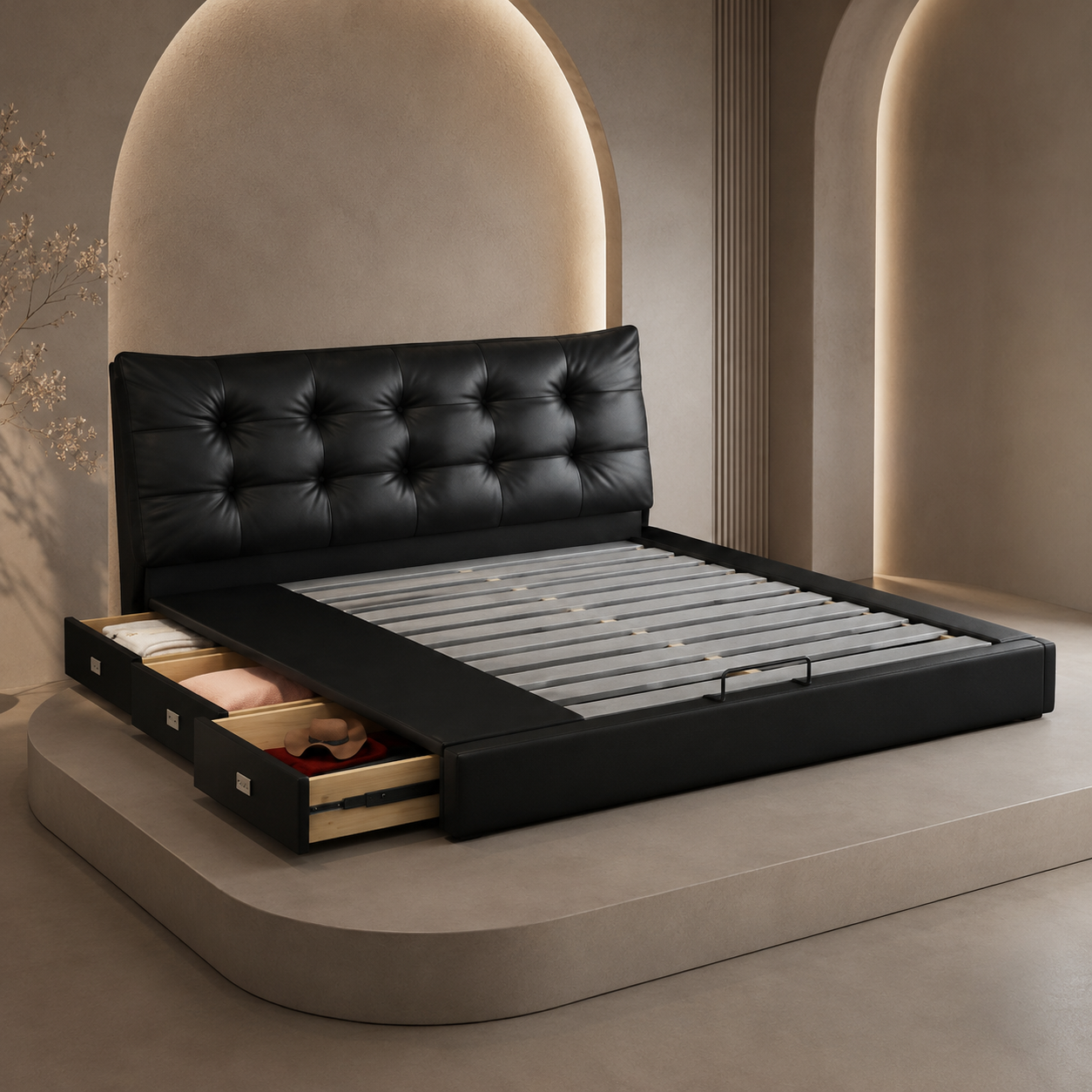 Black Tufted Upholstered Storage Bed