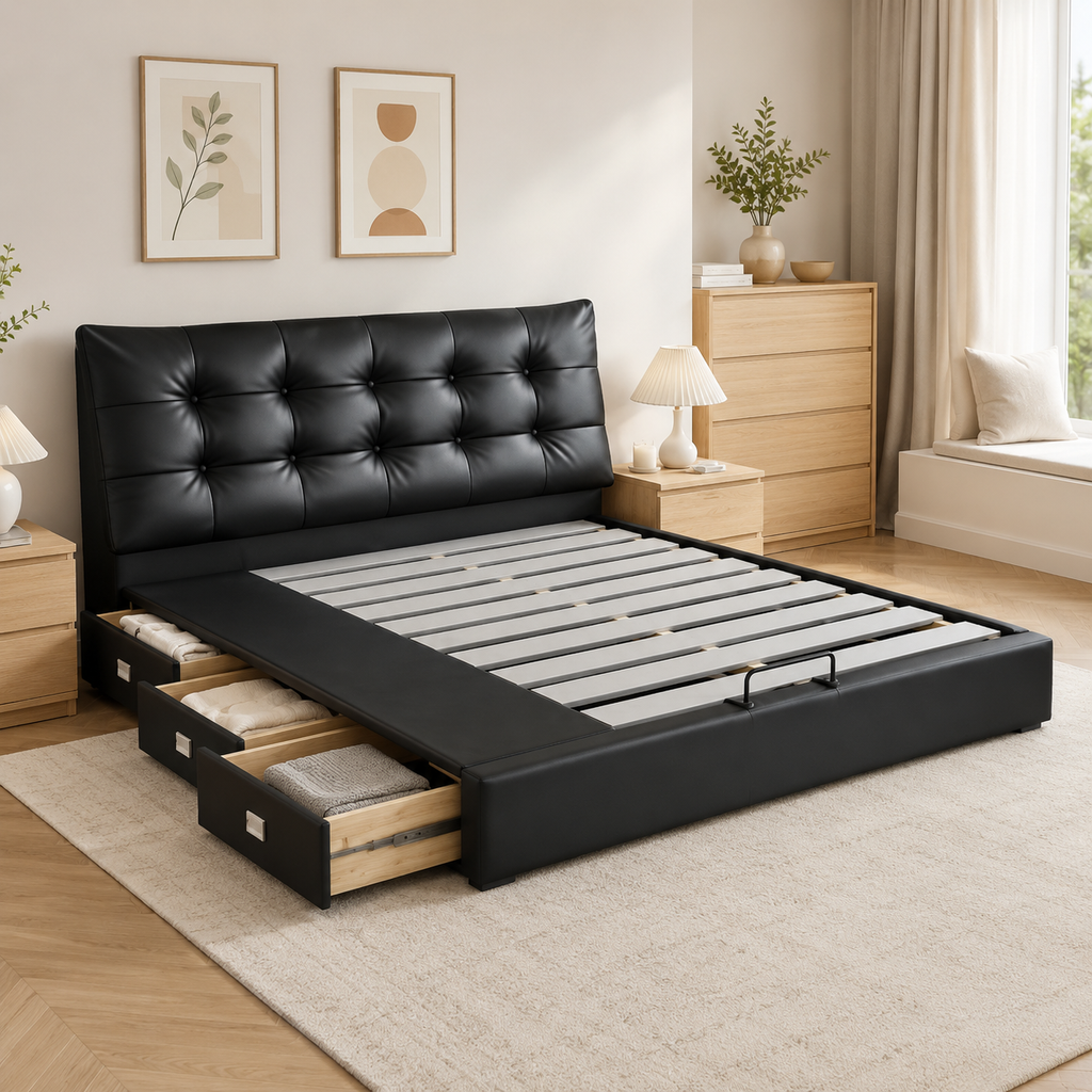 Black Tufted Upholstered Storage Bed