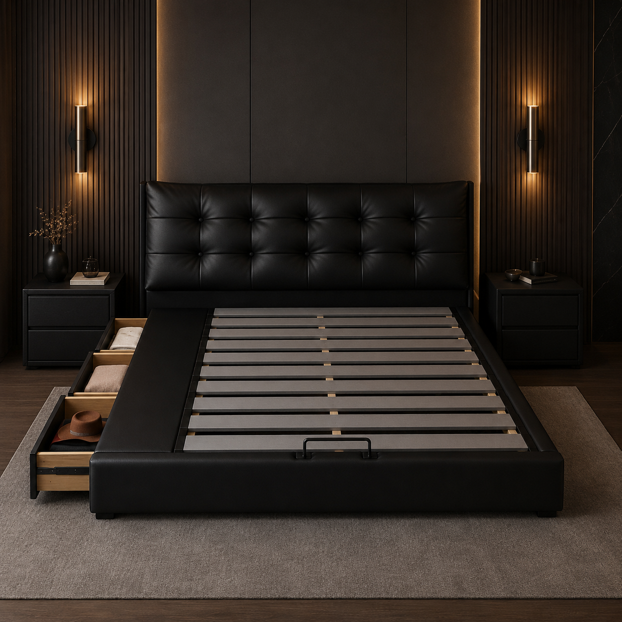 Black Tufted Upholstered Storage Bed